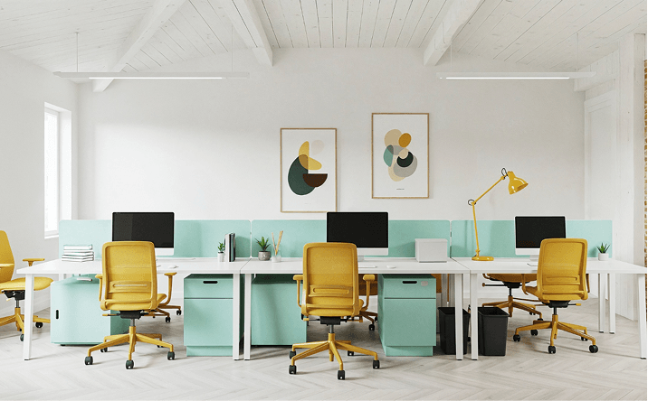 Bright modern office with white desks, yellow chairs, teal dividers, and abstract wall art.